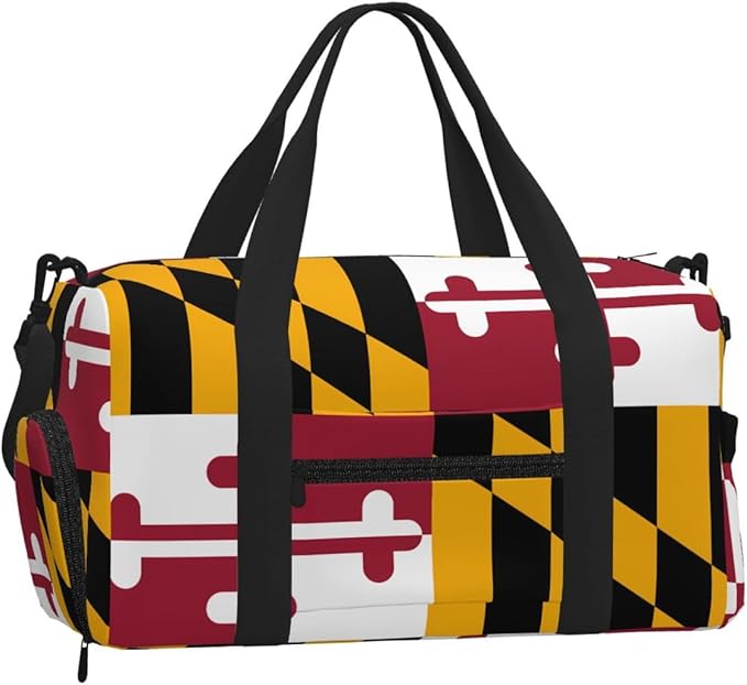 Maryland State Flag Print Gym Bag with Shoe Compartment for Women Men, 17.7in Sports Duffle Weekender Tote, Overnight Travel Duffel Bag Carry On