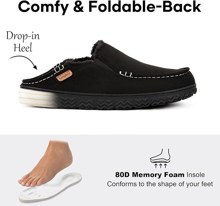 LongBay Men's Moccasin Slippers Comfy Warm Memory Foam House Shoes Winter for Indoor Outdoor