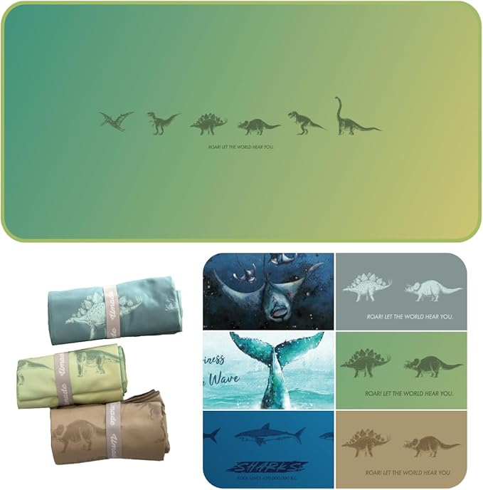 Umade Microfiber Quick Dry Towel, 59" x 29.5" - Compact Lightweight Travel/Backpack/Camping/Yoga Towels with Hanging Loop & Elastic Strap, Dinosaur Design (Golden Canopy Green)