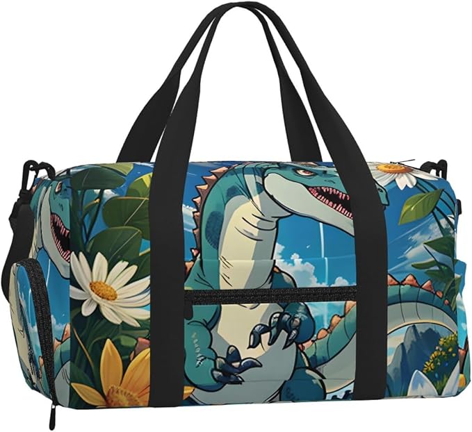 Cute Dinosaur Print Gym Bag with Shoe Compartment for Women Men, 17.7in Sports Duffle Weekender Tote, Overnight Travel Duffel Bag Carry On