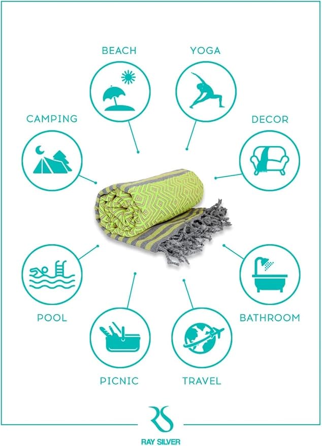 RAY SILVER Turkish Beach Towel - pack of 4 Cotton 40x71 Inch Oversized 100% Sand Free Lightweight Absorbent Quick-Dry Blanket, Extra Large Bath Towels for Travel & Pool, Blue Red Pistachio Green Pink