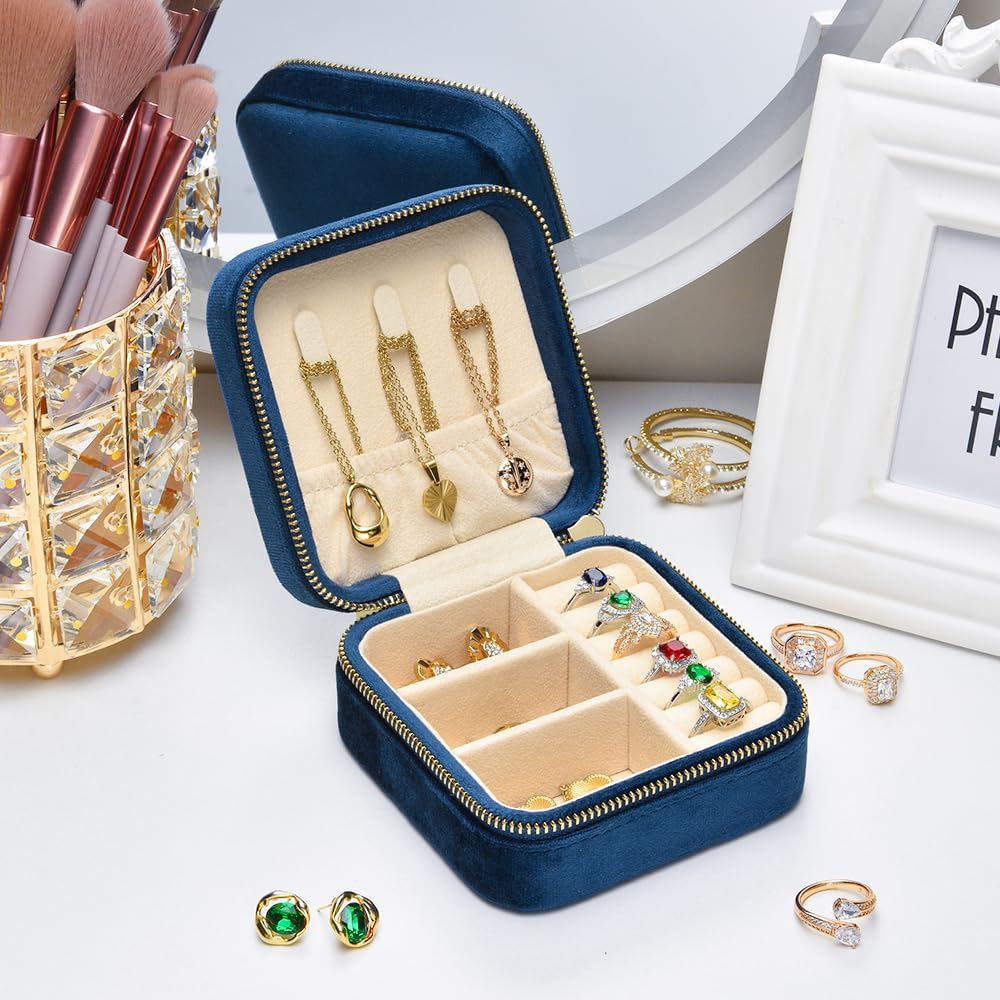 TAIMY Plush Velvet Travel Jewelry Box, Small Travel Jewelry Case, Portable Mini Jewelry Travel Organizer Boxes for Rings Earrings Necklaces Bracelets(Navy Blue,No Mirror)