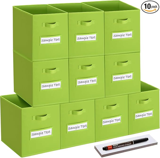 artsdi 13x13 storage cube bins (Set of 10) Foldable Fabric storage cubes with 10 Labels Window Cards & a Pen,13 inch cube storage bins,Closet Organizers for Shelves,Cubby Organizer Boxes,lime green