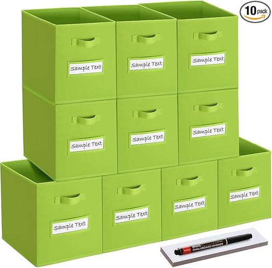 artsdi 13x13 storage cube bins (Set of 10) Foldable Fabric storage cubes with 10 Labels Window Cards & a Pen,13 inch cube storage bins,Closet Organizers for Shelves,Cubby Organizer Boxes,lime green