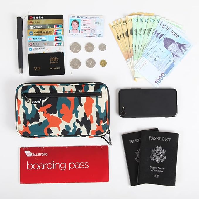 GOX Passport Holder for Travel Family RFID Neck Wallet for Traveling Women Travel Pouch for Passport and Documents with RFID Waterproof Zipper Passport Case (Multicolor)