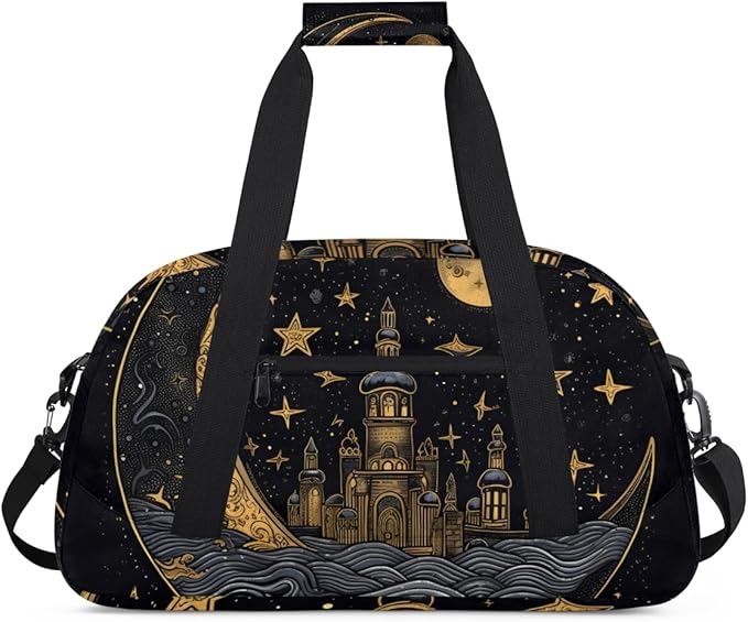 Golden Moon Star Gym Travel Duffle Bag for Women & Men with Front Zipper Pocket for Sports, Overnight, Weekender, Carry On,Workout & Dance Bag,Retro Moon,18.9 * 8.7 * 10.6 in