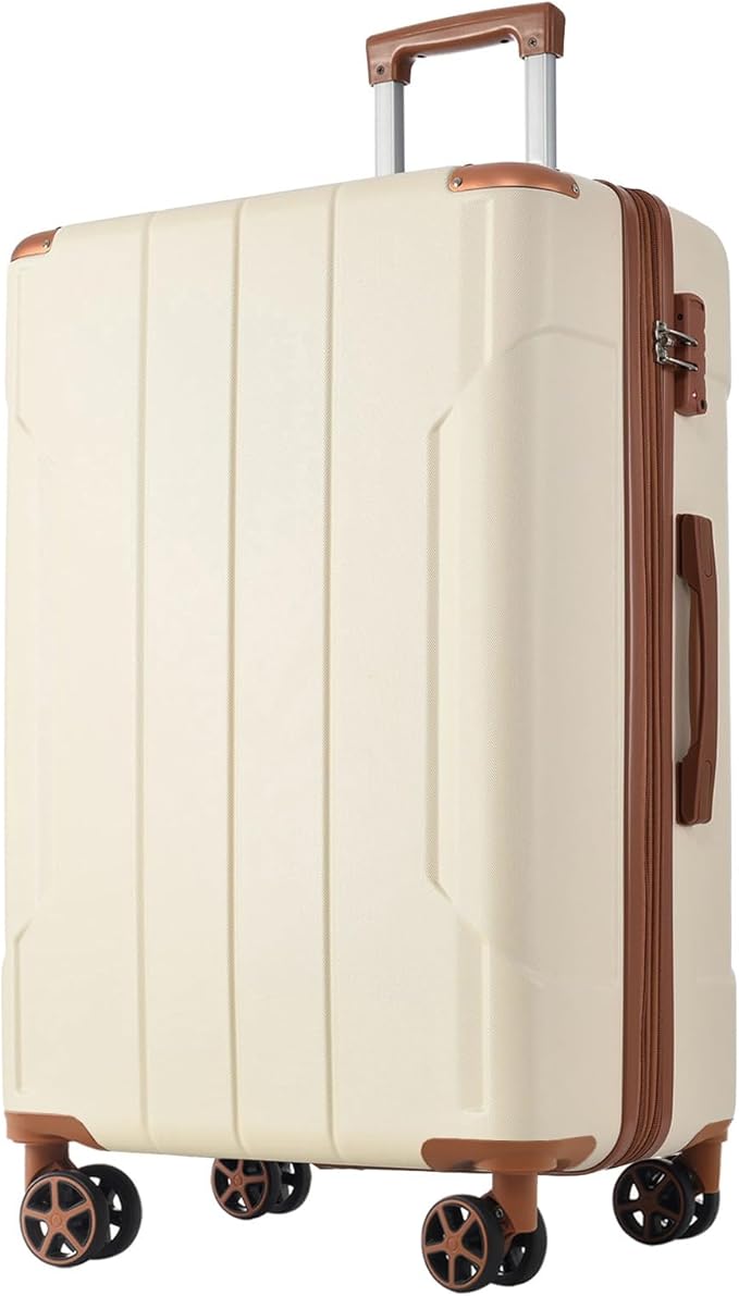 24 Inch Large Checked Luggage Hardside Suitcase with Spinner Wheels, Lightweight Expandable Hard Shell ABS Suitcases with TSA Lock, Large Travel Luggage for Women, Men, White Brown