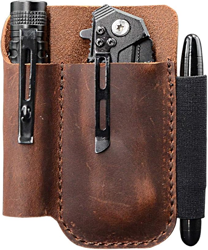 diodrio EDC Leather Knife Sheath Organizer Pouch with Pen Loop, Full Grain Leather, Chestnut