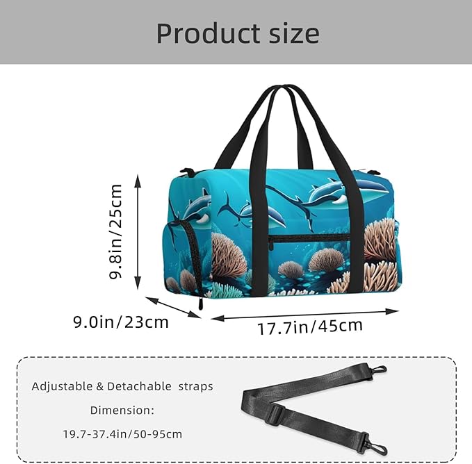 Deep Sea Whales Print Gym Bag with Shoe Compartment for Women Men, 17.7in Sports Duffle Weekender Tote, Overnight Travel Duffel Bag Carry On