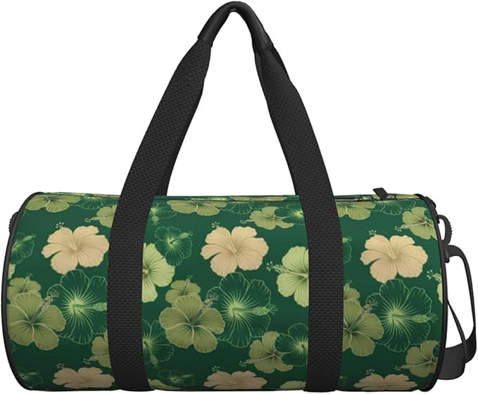 Round Duffel Sports Bag Hawaiian Floral Olive Green Camo, Lightweight with Inner Pocket Gym Bag for Men Women Duffle Bag for Travel Sports