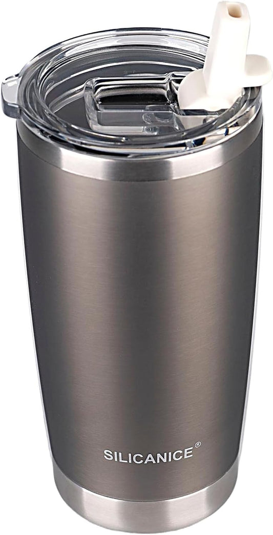 Metallic Gray 20 oz Travel Iced Coffee Mugs Cups Stainless Steel Vacuum Insulated Tumbler with Lid And Straw,Dishwasher Safe,Spill Proof,Metal,Fishing,Outsider,Car Holder,Father,men,Gym,Gift