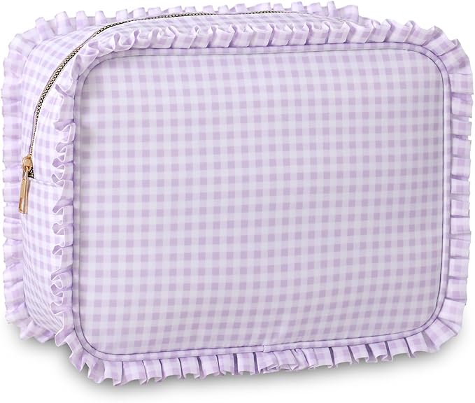Gingham Ruffle Makeup Bag,Large Travel Cute Cosmetic Bag for Women Girls,Toiletry Bag Make up Organizer 10.8 x 4.5 x 8 inch (Purple Gingham)