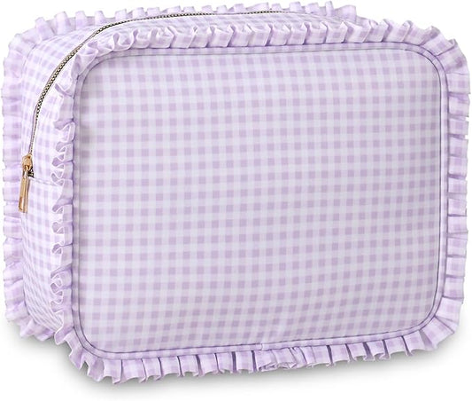 Gingham Ruffle Makeup Bag,Large Travel Cute Cosmetic Bag for Women Girls,Toiletry Bag Make up Organizer 10.8 x 4.5 x 8 inch (Purple Gingham)
