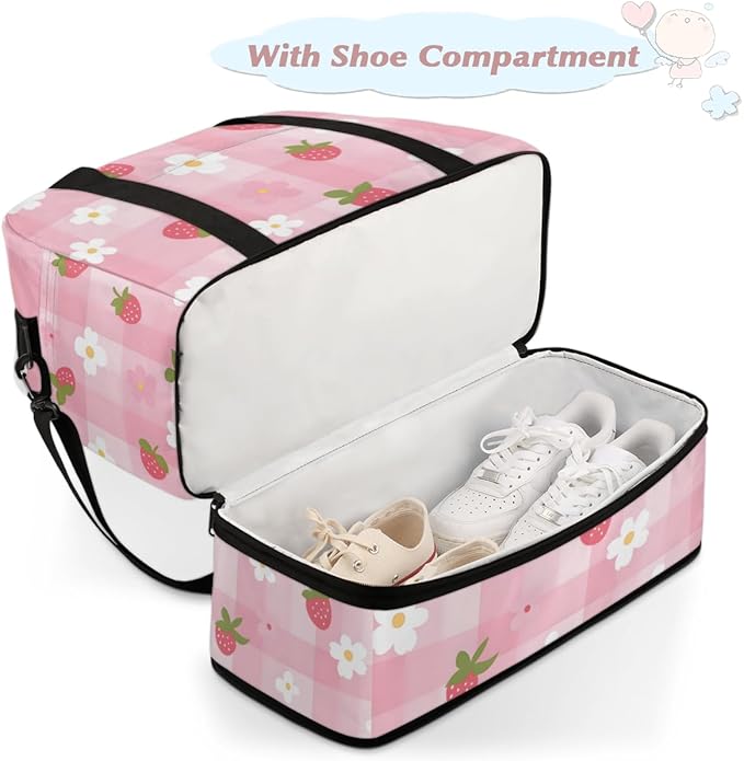 Fruit Strawberry Sports Gym Duffel Bag for Men Women Buffalo Check Floral with Shoe Compartment Weekender Overnight Bags Travel Bag Carry on Backpack for Swim Fitness Workout
