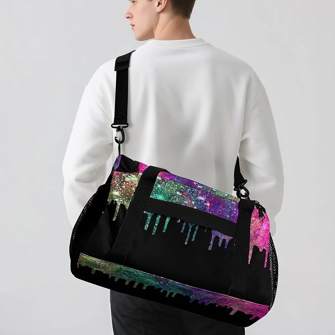 Custom Handheld Crossbody Travel Bag Colorful Black Sequin Glitter Print Lightweight Gym Bags Duffel Bag with Name Adjustable Shoulder Strap Backpacks