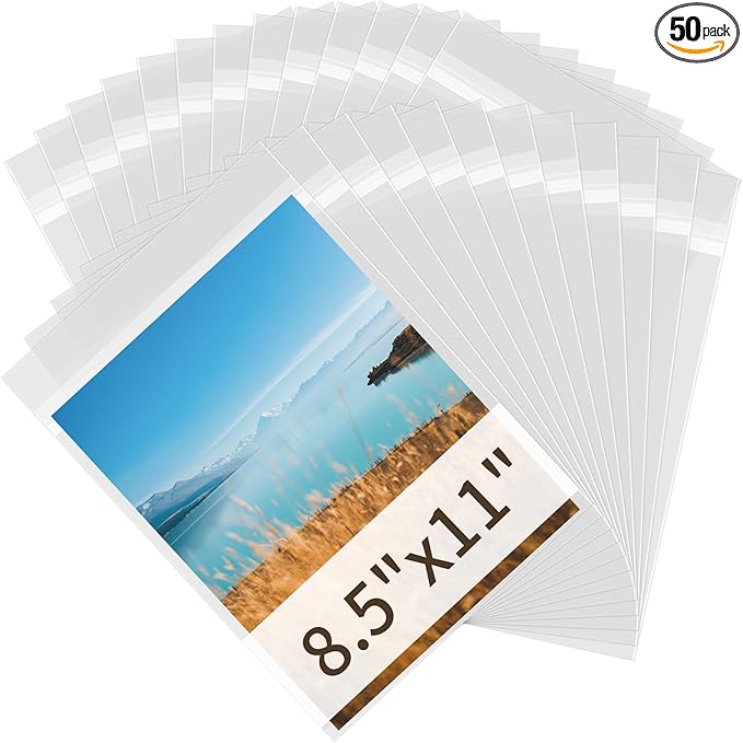 Acid Free Paper Protector Sheets, Clear Plastic Sleeves for Paper 8.5x11 Clear Sleeves for Art Prints 8x10 Photo Comic Book Document Sheet Protectors, Pack of 50