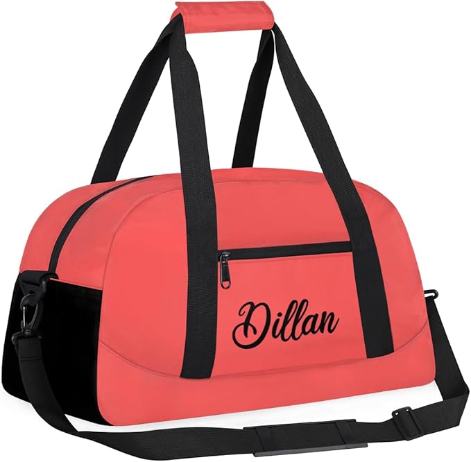 Custom Name Gym Duffel for Kids,Personalized Sports Bag Lightweight Gym Bags for Boys & Girls,Fitness Travel Weekender for Travel, Workout Coral Red