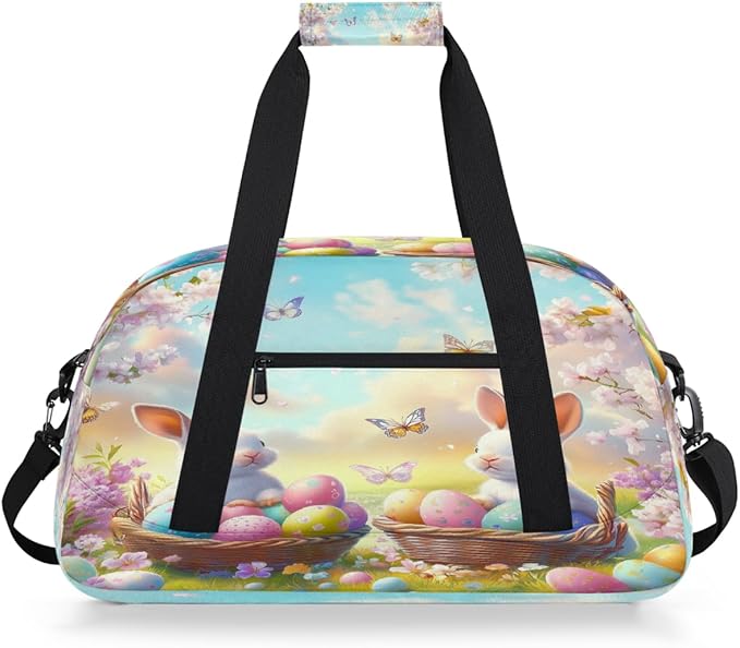 Kids Duffle Bag Girls Boys Spring Floral Easter Bunny Eggs Butterdly Weekender Overnight Bag,Lightweight Duffel Bags for Traveling Gym Sport Dance