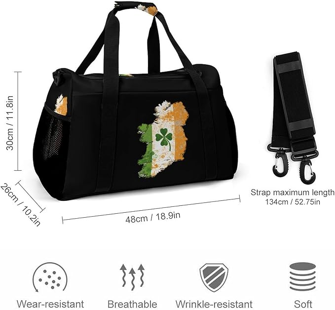 Irish Ireland Map Flag Clovers Duffle Bag Gym Bag for Workout Travel Tote with Detachable Straps