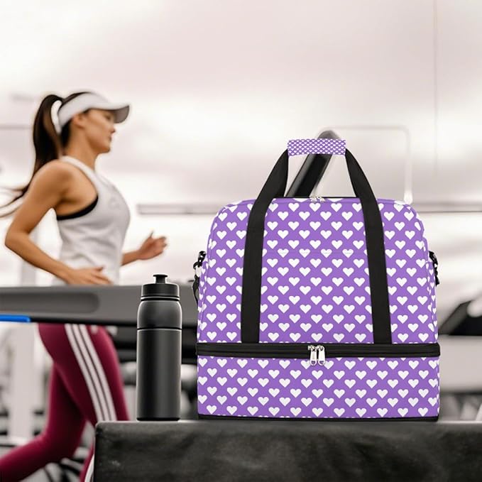 Purple White Love Heart Large Weekender Bag with Shoe Compartment Travel Duffel Bags for Women Carry On Hospital Overnight Bag Foldable Personal Item Travel Bags Tote Gym Sports Airplanes