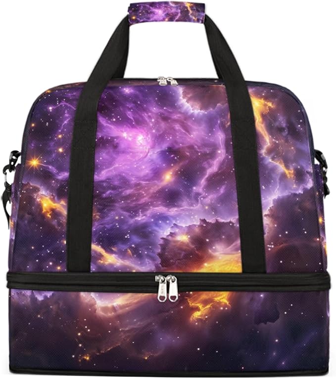 Purple Gold Abstract Nebula Large Weekender Bag with Shoe Compartment Travel Duffel Bags for Women Carry On Hospital Overnight Bag Foldable Personal Item Travel Bags Tote Gym Sports Airplanes