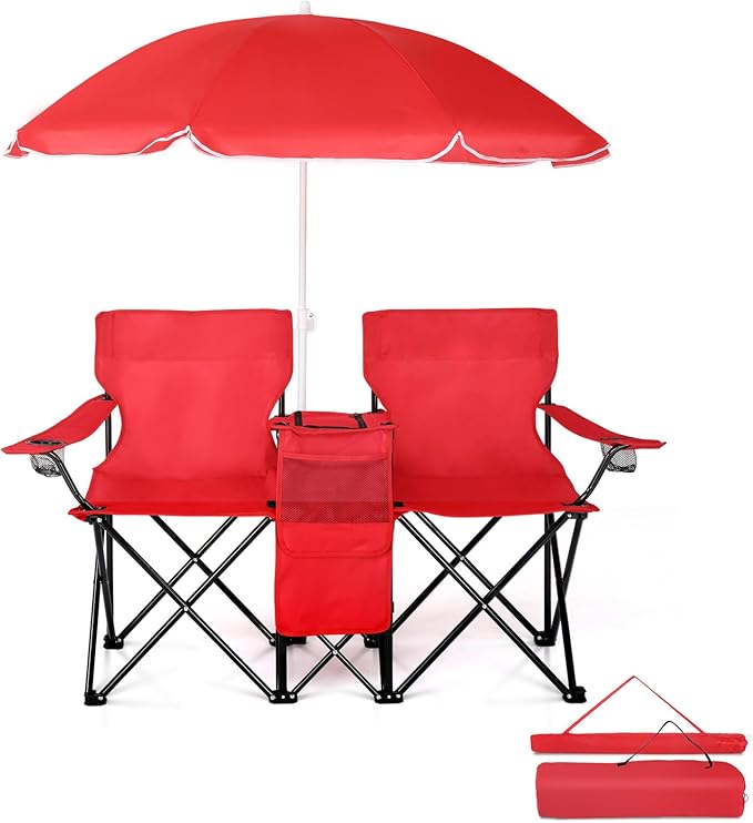 Double Folding Camping Chair W/Umbrella Fold Up Table Beverage Holder Carrying Bag Cooler for Patio Pool Park Outdoor Beach, Picnic, Portable (Red)