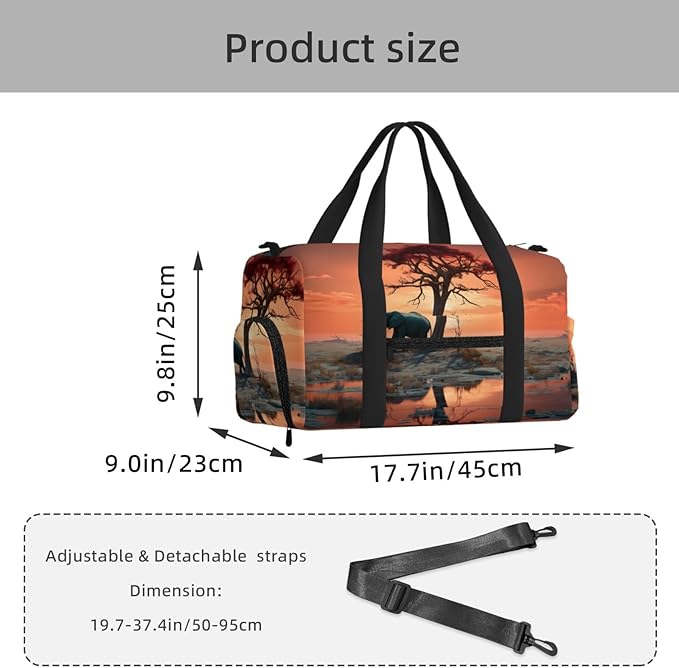 Sports Gym Bag African Elephant Sunset Tree Travel Duffel Bag With Shoe Compartment Shoulder Strap, Lightweight Water-Resistant Weekend Overnight Totes For Women Men