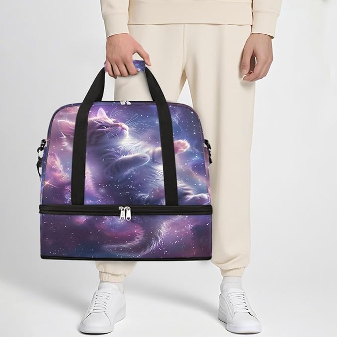 Purple Galaxy Kitten Cat Large Weekender Bag with Shoe Compartment Travel Duffel Bags for Women Carry On Hospital Overnight Bag Foldable Personal Item Travel Bags Tote Gym Sports Airplanes