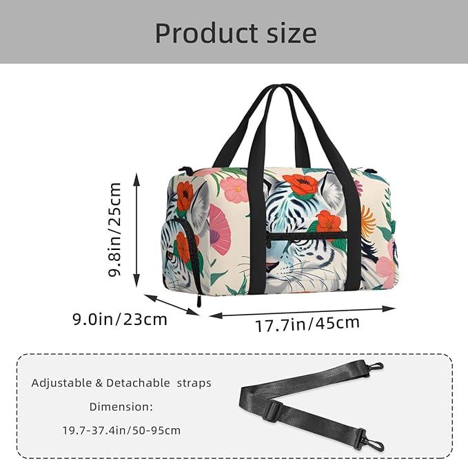 Cute white tiger Print Gym Bag with Shoe Compartment for Women Men, 17.7in Sports Duffle Weekender Tote, Overnight Travel Duffel Bag Carry On