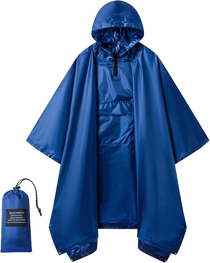 Hooded Rain Poncho for Adults - Waterproof Rain Coat and Lightweight Jacket 3-in-1 Multi-Function with Pockets