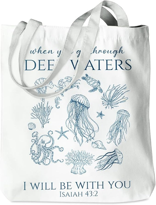 Floral Beach Whale Shark Gifts Jellyfish Christian Canvas Tote Bag for Work Totes for Women Christmas Bible