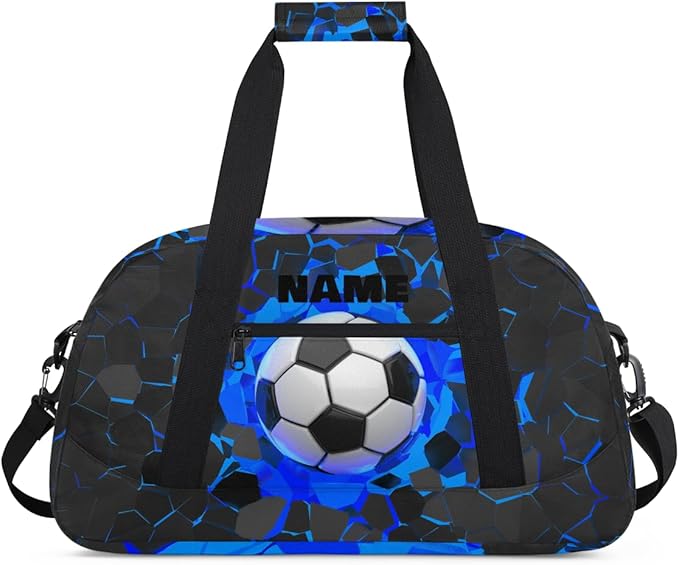Personalized Name Sports Bag for Kids Boys, Custom Gym Duffel Fitness Travel Weekender Tote Carry-On Training Perform Bag, Soccer Black Blue