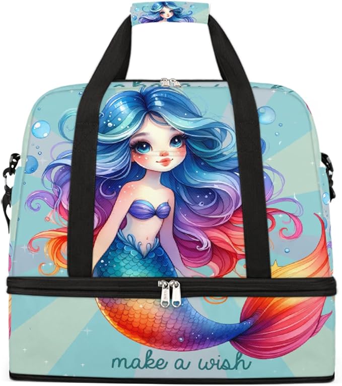 Rainbow Mermaid Girls Large Weekender Bag with Shoe Compartment Travel Duffel Bags for Women Carry On Hospital Overnight Bag Foldable Personal Item Travel Bags Tote Gym Sports Airplanes