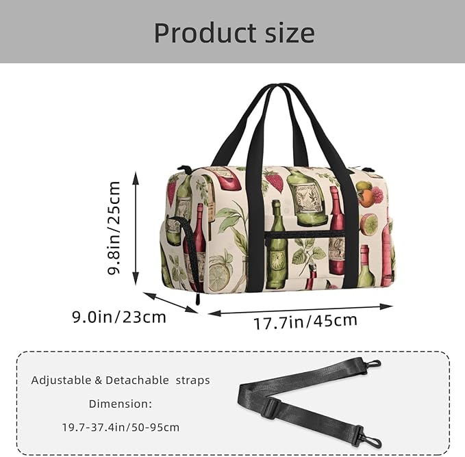 Sports Gym Bag Fruits Wine Bottle Pattern Travel Duffel Bag With Shoe Compartment Shoulder Strap, Lightweight Water-Resistant Weekend Overnight Totes For Women Men