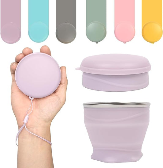 Collapsible Travel Cup with Lid (6oz/180ml) - BPA Free Silicone Folding Cup with Stainless Steel Rim - Portable Pocket Size Drinking Cup for Mouthwash,Pills, Hiking, Camping & Kids(Purple)