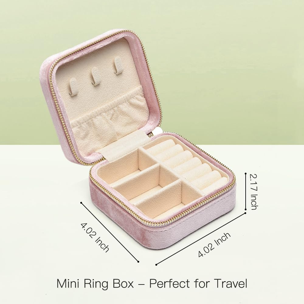 TAIMY Plush Velvet Travel Jewelry Box, Small Travel Jewelry Case, Portable Mini Jewelry Travel Organizer Boxes for Rings Earrings Necklaces Bracelets(Pink Lavender,No Mirror)