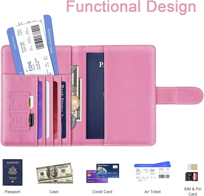 Passport Holder Cover Initail Letter A-Z Travel Wallet Embossed Design RFID Blocking Card Holder Personalized Gift Passport Cover Wallet, Passport Book Holders for Women and Girls, Pink-E
