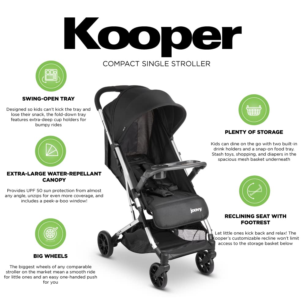 Joovy Kooper Lightweight Baby Stroller Featuring Removable, Swing-Open Tray, Big Wheels, Reclining Seat with Footrest, Extra-Large Retractable Canopy, and Compact Fold (Black)