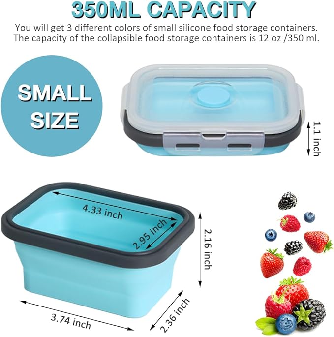 Small Collapsible Silicone Food Storage Container 3 Pack, Silicone Storage Containers for Snack, Fruit(Small, 12 Oz), Stackable, Space Saving, Portion Control