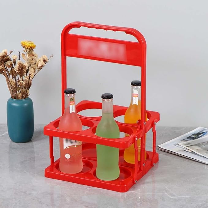 Portable Plastic Drink Carrier,Reusable Red Beer Bottle Coffee Cup Holder,Tea Bottle Drink Caddy for Delivery,4 Holes Cup Holders with Handle for Catering Restaurant Travel Car