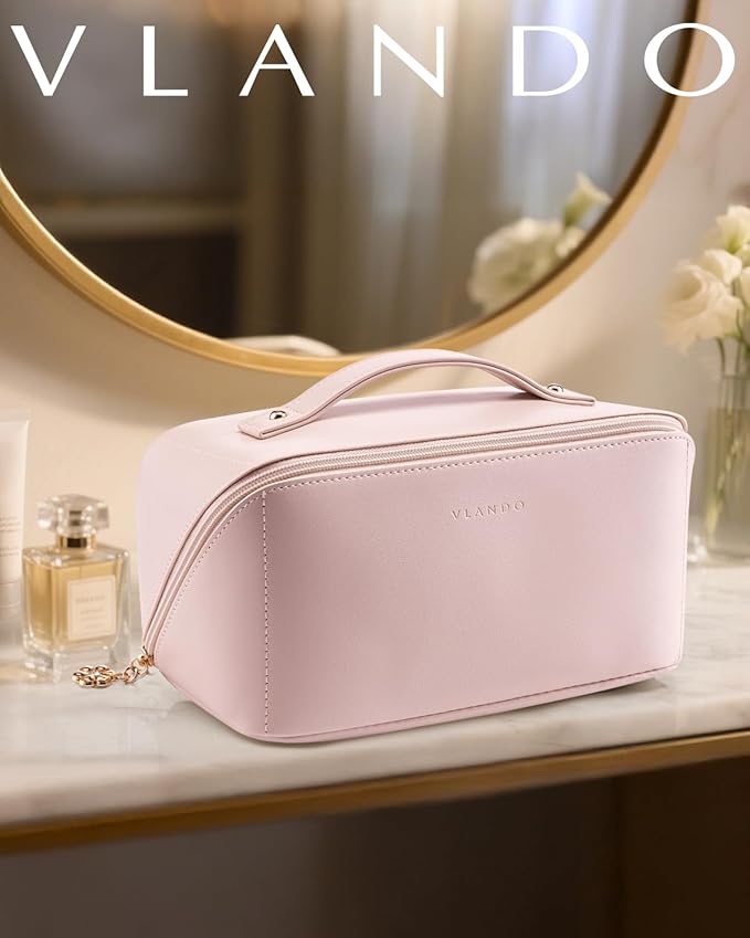VLANDO Makeup Bag,Travel Toiletry Bag,Cosmetic Bag for Women PU Leather Portable Make up Bag for Skincare, Brushes & Travel Essentials-Pink