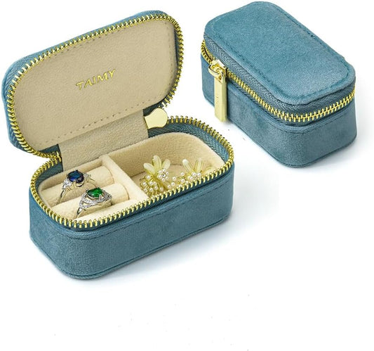 Small Travel Jewelry Case, Mini Tiny Plush Velvet Jewelry Box for Women and Girls, Pocket Size Jewelry holder organizer for Rings Earrings and Small Items(Coral Blue)