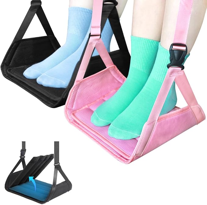Foot Hammock for Plane Travel, Upgraded Wide Airplane Foot Hammock with Detachable Hardboard, Portable Footrest for Air Travel Essentials Long Flights Flying, Adjustable Foot Rest Leg Hammock