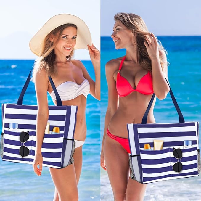 Large Beach Bag, Waterproof Sandproof Beach Tote Bag for Women, Lightweight Swim Pool Bag with Zipper Wet Pocket for Pool Gym Grocery Travel Vacation Weekender