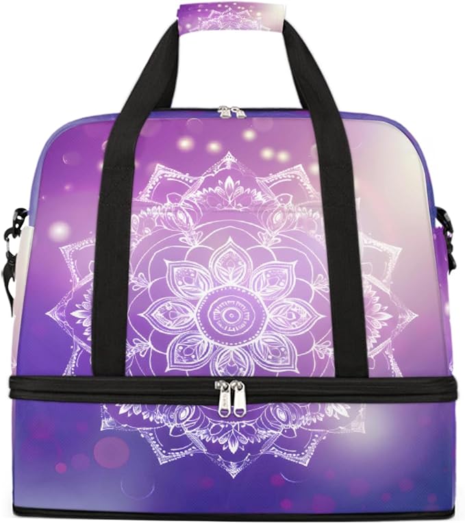 Purple Mandala Flower Abstract Large Weekender Bag with Shoe Compartment Travel Duffel Bags for Women Carry On Hospital Overnight Bag Foldable Personal Item Travel Bags Tote Gym Sports Airplanes