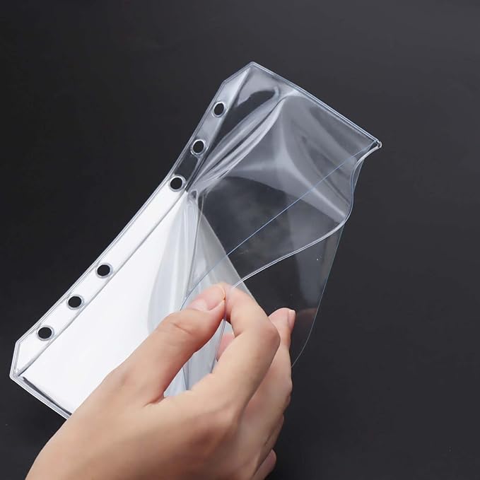 AxeWoodz 12pcs A6 Binder Pockets Clear PVC Double Side 2 Pockets Binder Pouches 6 Hole Zipperless Side Open Cash Envelopes for Bills Money Organizer