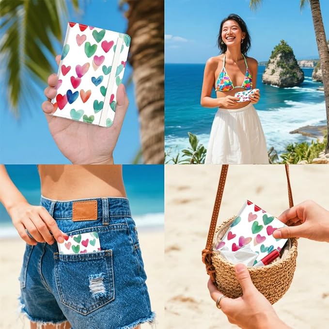 PU Leather Passport Holder Cover 5.9×4.3 Inch with Credit Card Slot and Boarding Pass Slot Combo Blocking Passport Holder Wallet Cover Case for Travel Boarding Essentials (Heart)