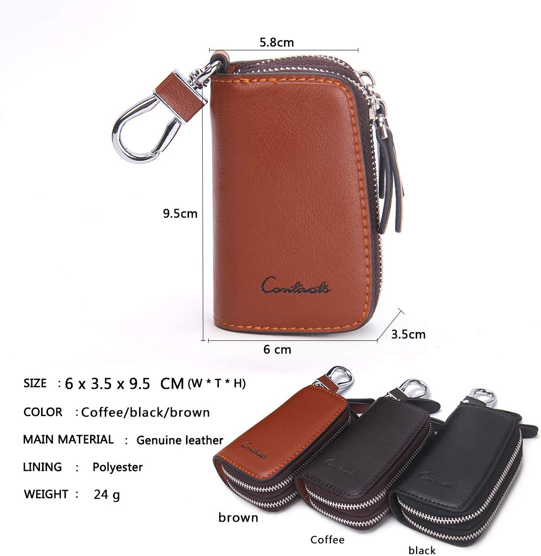 CONTACTS Car Key Case Small Leather Double Zipper Key Holder with 4 Keyrings Keys Organizer for Men Women