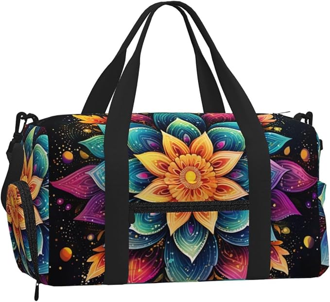 Sports Gym Bag Colorful Boho Mandala Flower Art Painting Travel Duffel Bag With Shoe Compartment Shoulder Strap, Lightweight Water-Resistant Weekend Overnight Totes For Women Men