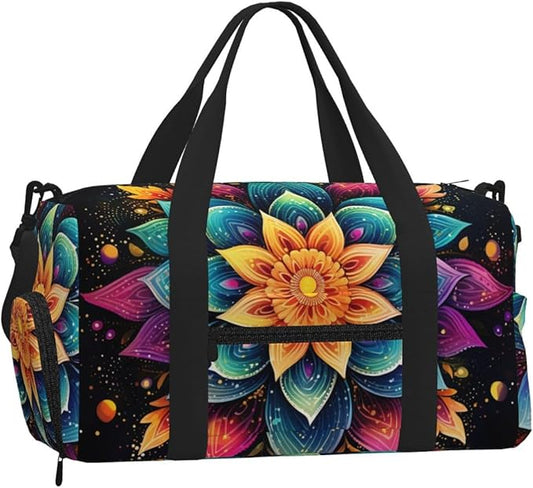 Sports Gym Bag Colorful Boho Mandala Flower Art Painting Travel Duffel Bag With Shoe Compartment Shoulder Strap, Lightweight Water-Resistant Weekend Overnight Totes For Women Men